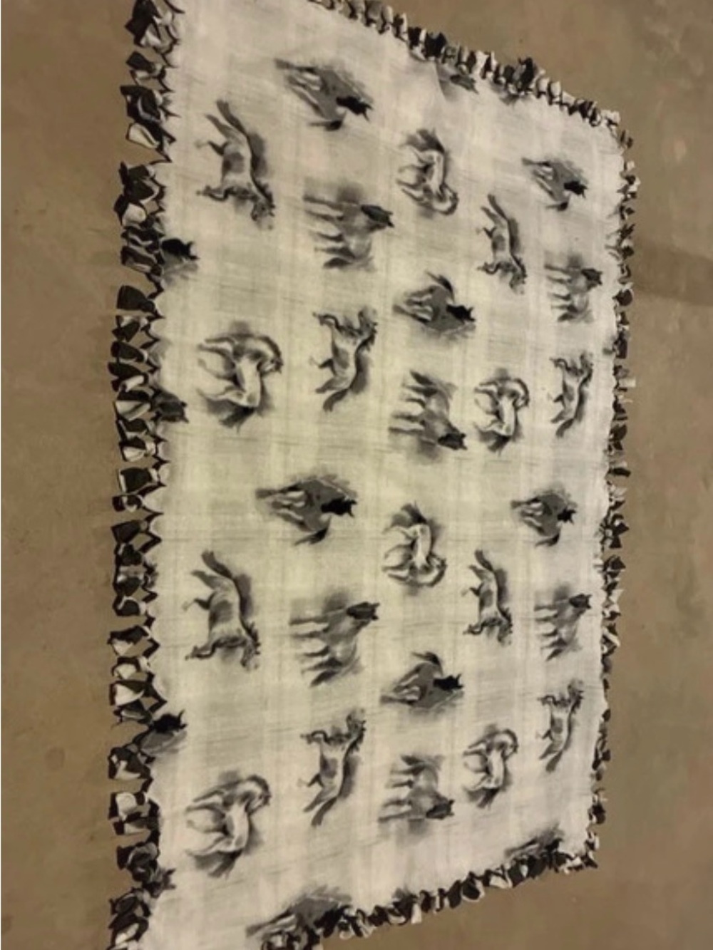 White and Black Horse Print Throw Blanket with Knotted Edges